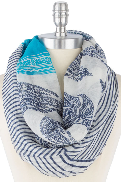 Infinity Scarf - Scroll & Stripe Print Turquoise and Navy Blue