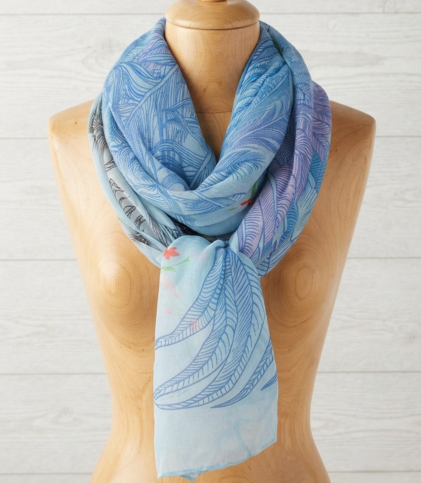 Scarf - Feather Pattern Color Sky Blue