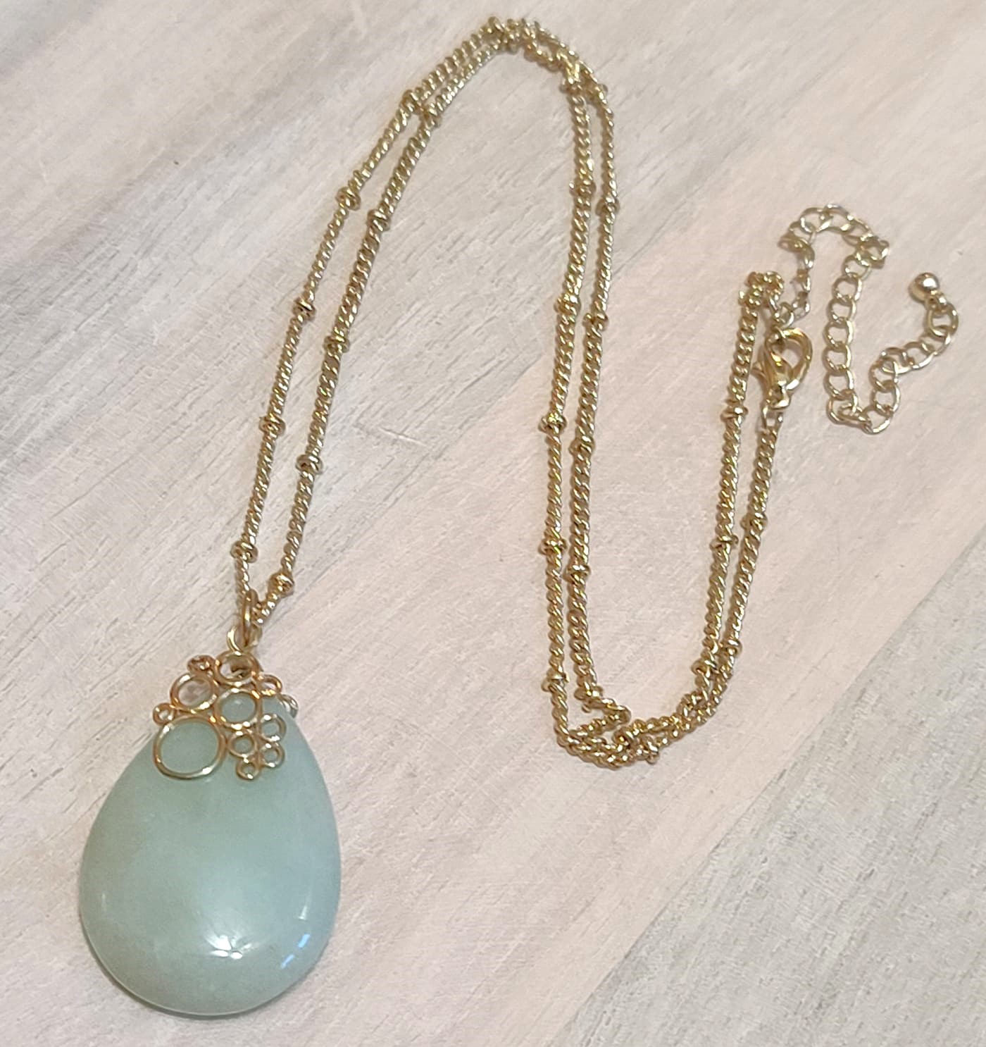 Gemstone pendant necklace, green dyed quartz gemstone, with chain