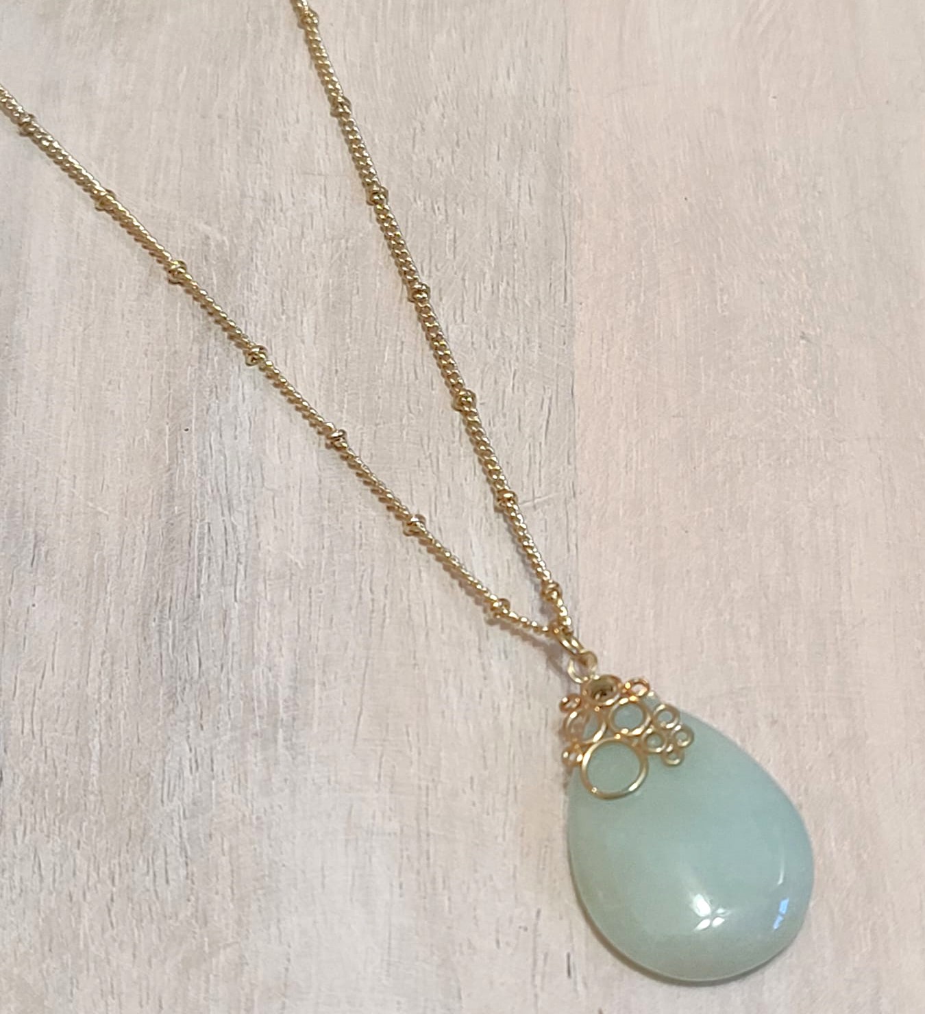 Gemstone pendant necklace, green dyed quartz gemstone, with chain