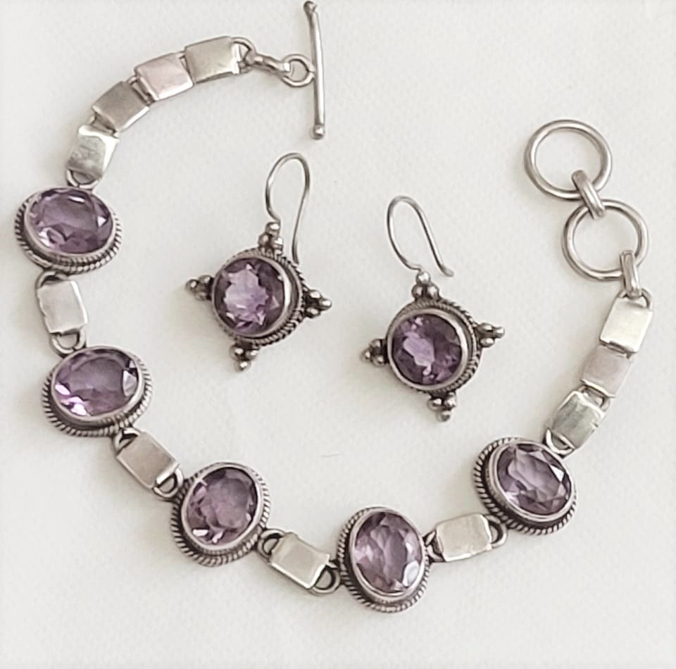 Amethyst & Sterling Silver Link Bracelet & Earrings