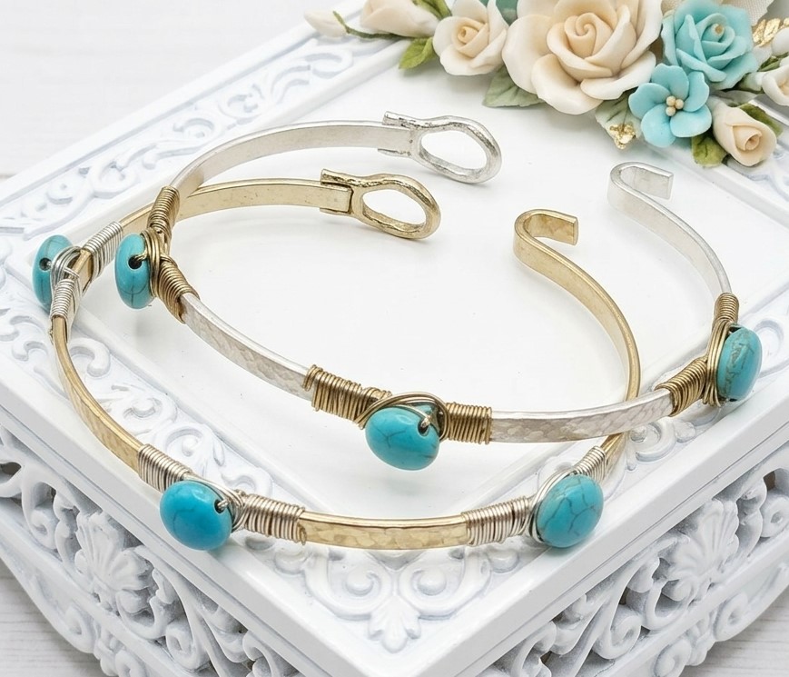 Wire Wrapped Bangle Bracelets with Turquoise Howlite Set of 2