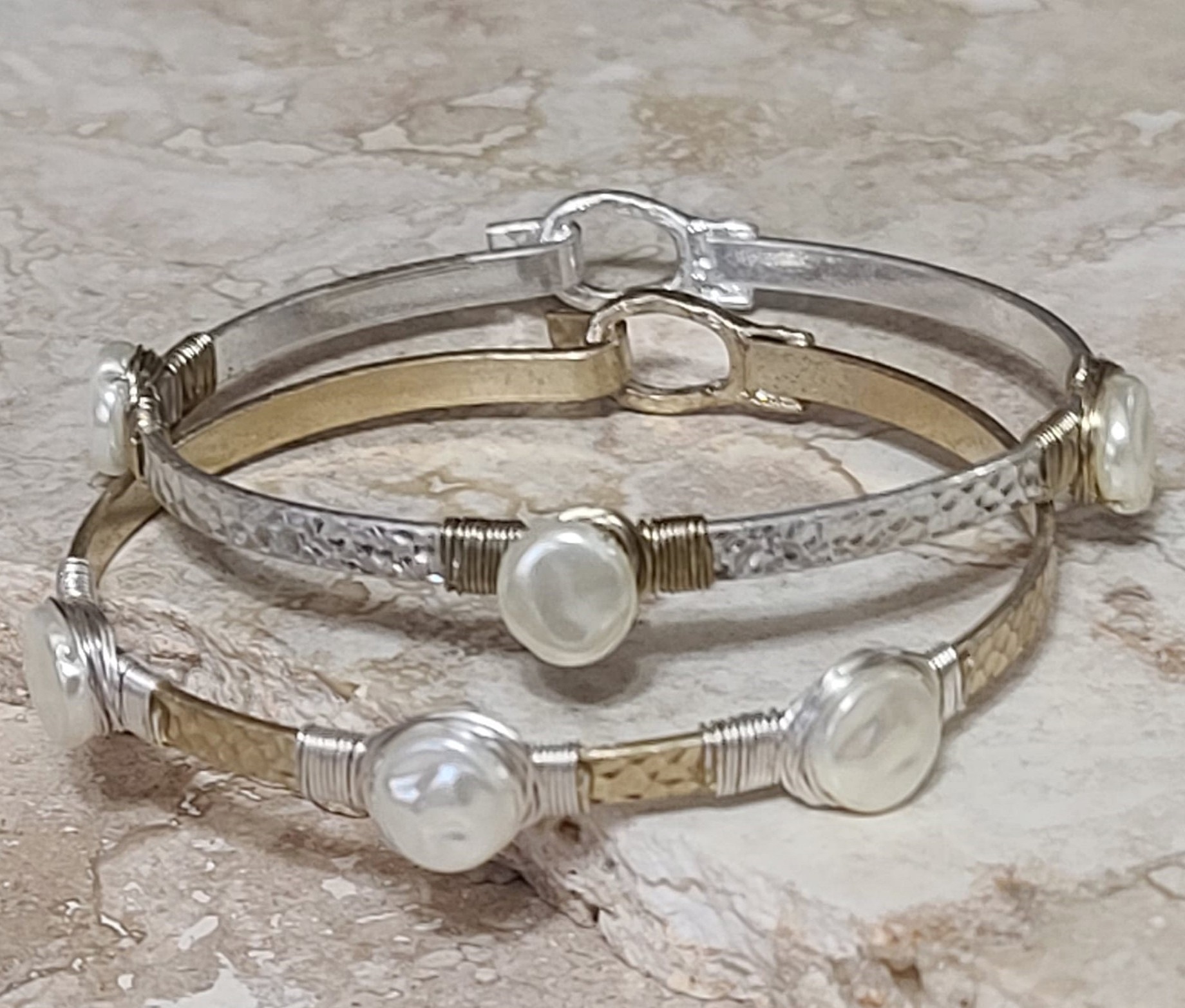 Set of 2 Wire wrapped fashion coin pearl bangle bracelets