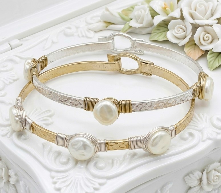 Wire Wrapped Bangle Bracelets with Coin Pearls Set off 2