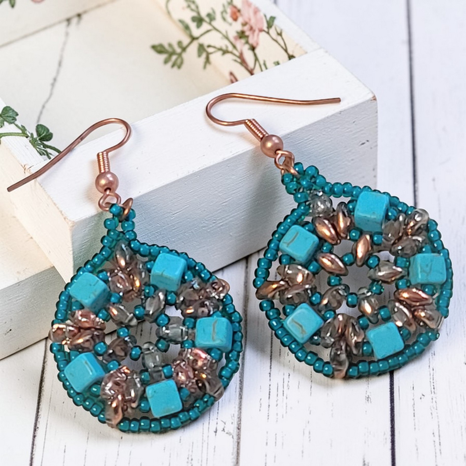 Howalite Mineral Medalion Handstitched Earrings