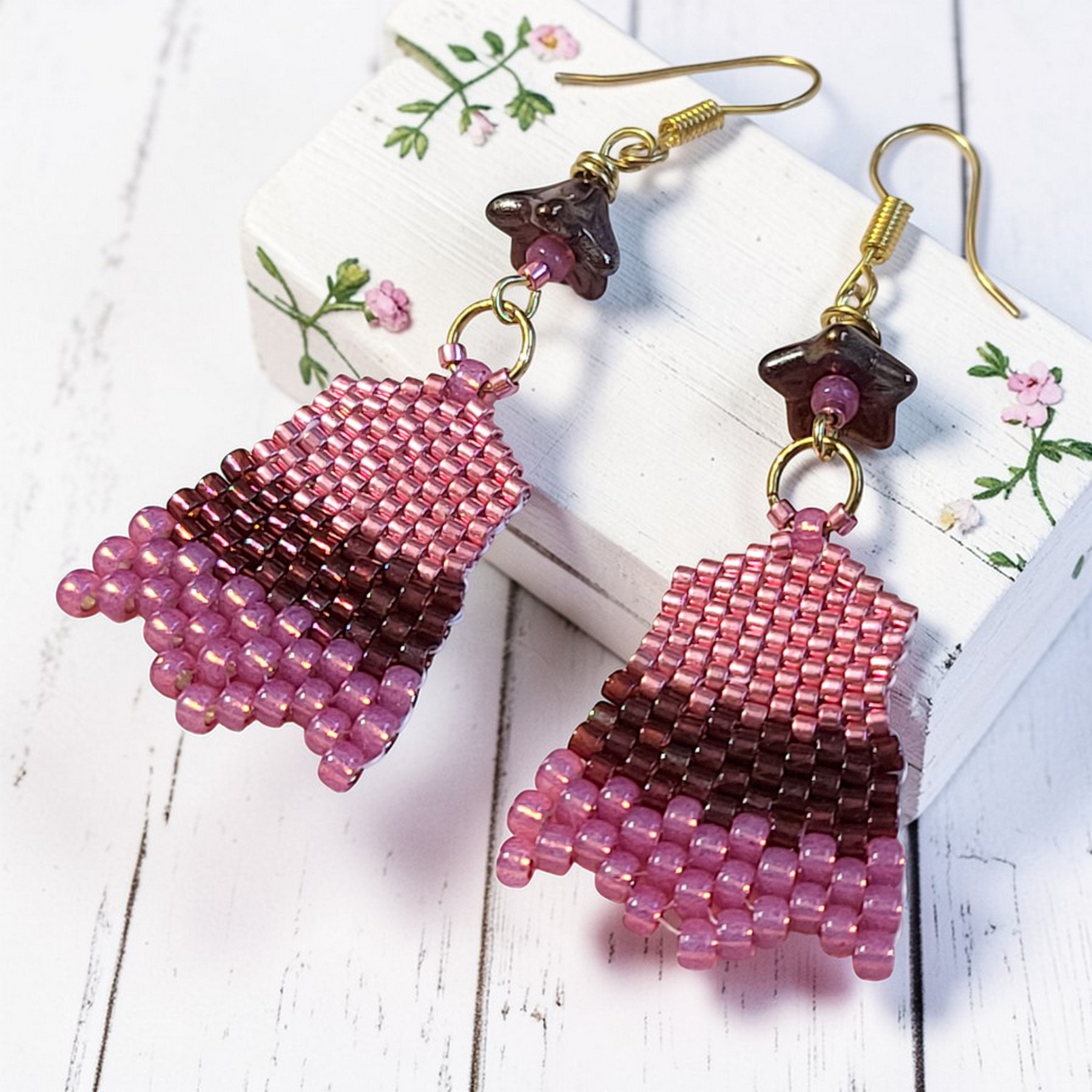 Peyote Stitch Pink Tulip Earrings w/Czech Glass