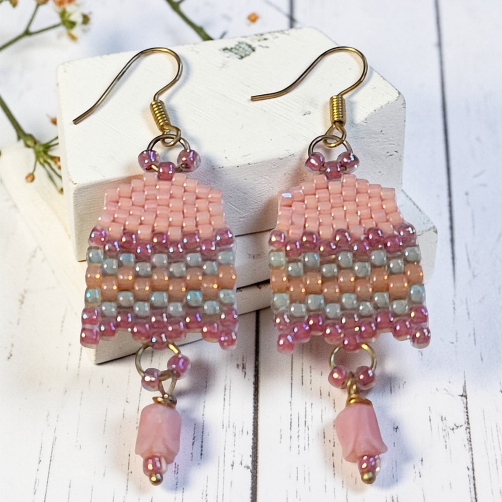 Coral Miyuki Glass Beaded Earrings with Coral Drop