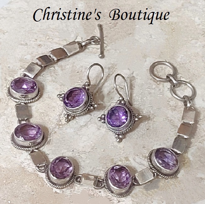 Amethyst & Sterling Silver Link Bracelet & Earrings - Click Image to Close