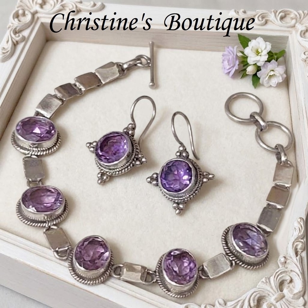 Amethyst Gemstone Bracelet and Earrings Set in Sterling Silver
