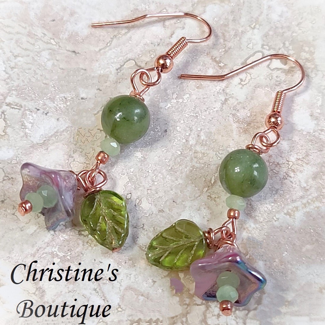 Czech Glass tulips with Green Jasper Gemstone Earrings - Click Image to Close
