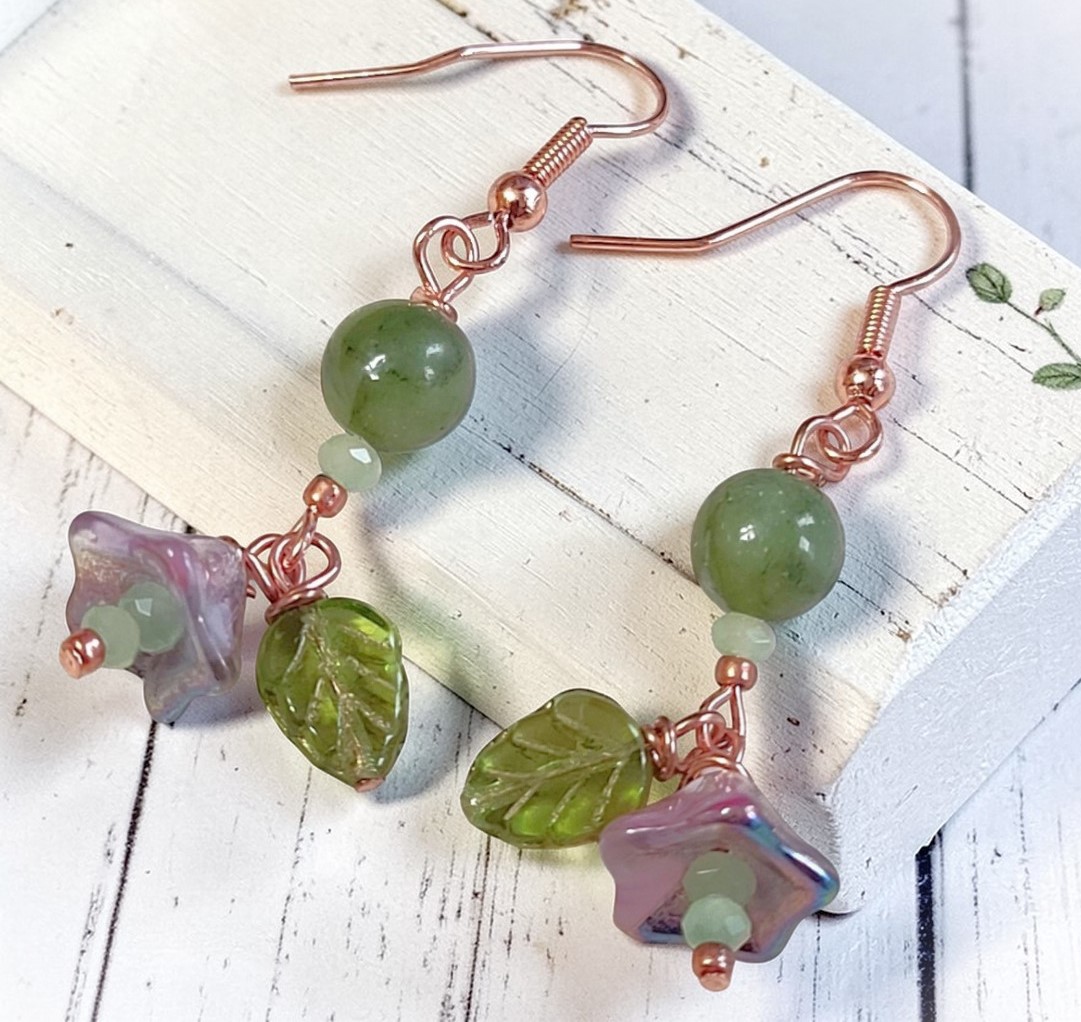 Czech Glass Tulip Flower and Green Jasper Gemstone Earrings