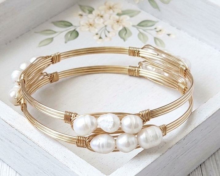 Wire wrapped bangle bracelets with pearls - set of 2