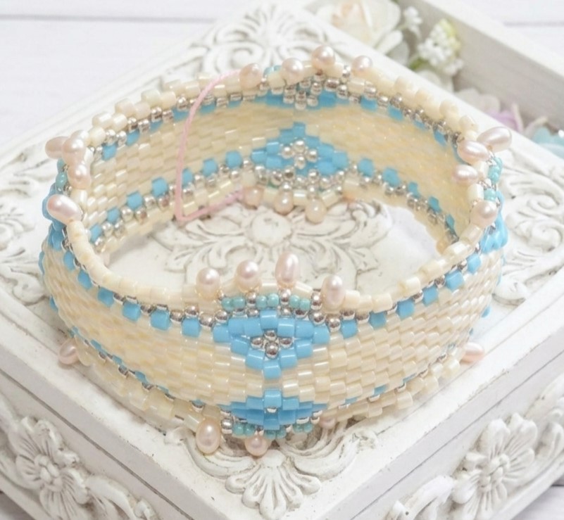 Miyuki Glass Beaded Bangle Bracelet with Fresh Water Pearls