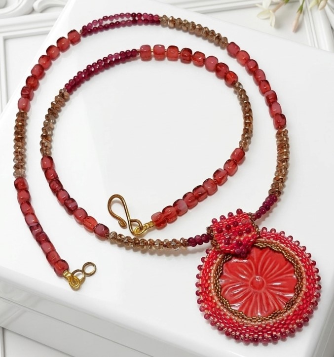 Cherry Quartz Gemstone and Ceramic Center Pendant Necklace