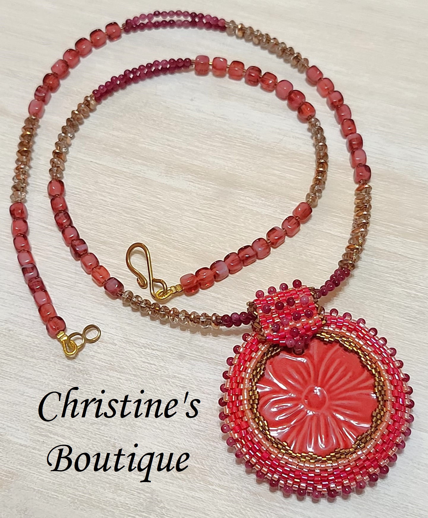 Gemstone necklace, cherry quartz with center ceramic medalion - Click Image to Close