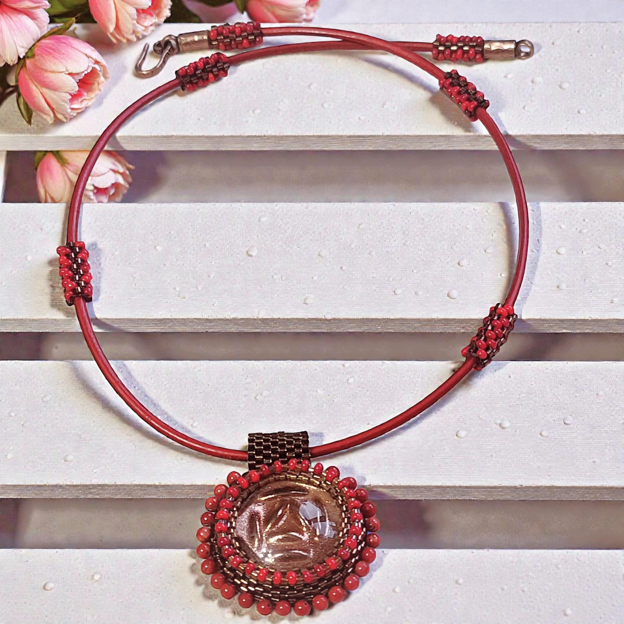 Center Glass Cabachon Pendant Peyote stitch Metallic Red Leather Center Glass Cabachon Pendant Peyote stitch Metallic Red Leather