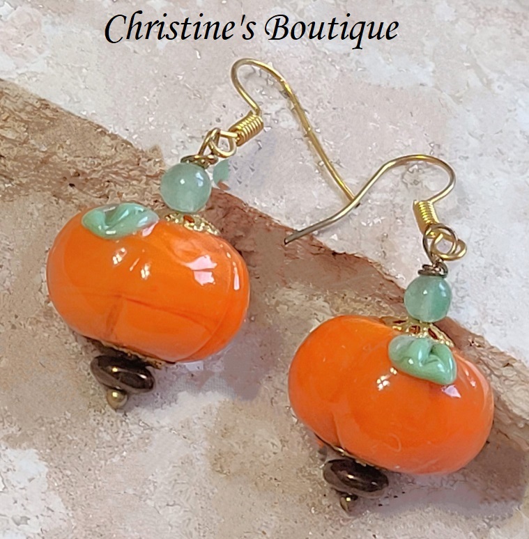 Lampwork glass earrings, glass pumpkin earrings, fall pumpkin, autumn pumpkin earrings