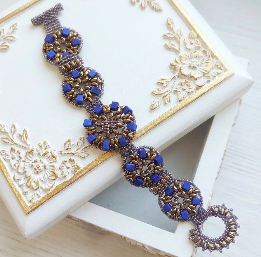 Blue Purple Lapis Gemstone Hand Stitched Medallion Bracelet