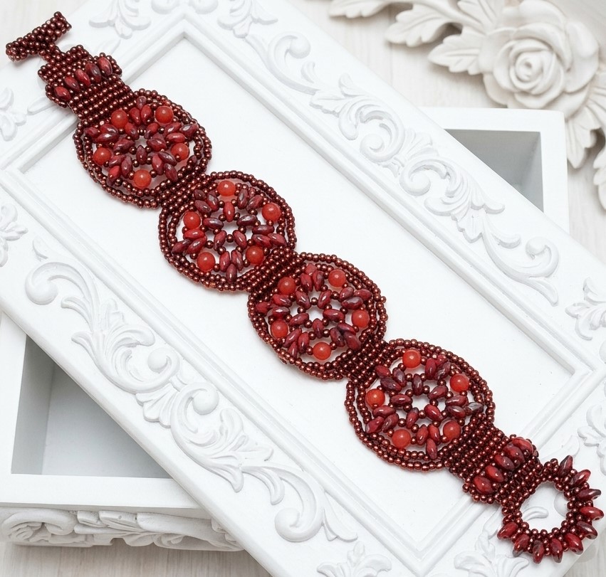 Miyuki Glass and Cherry Jade Gemstone Medallion Bracelet