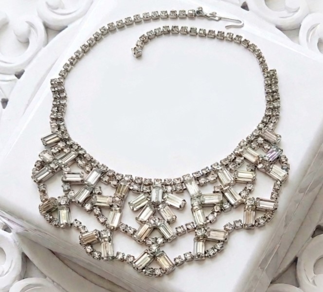 Rhinestone Bib Necklace Signed Japan