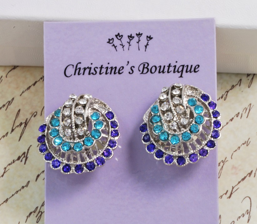 Blue and Purple Rhinestone Clip on Earrings