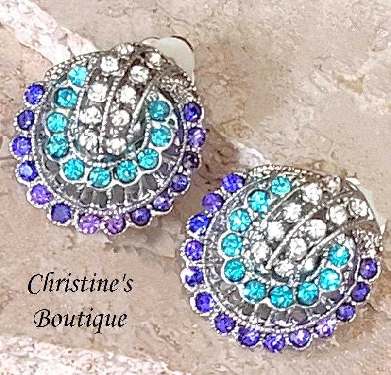 Rhinestone earrings, vintage clip on, blue and purple rhinestones - Click Image to Close