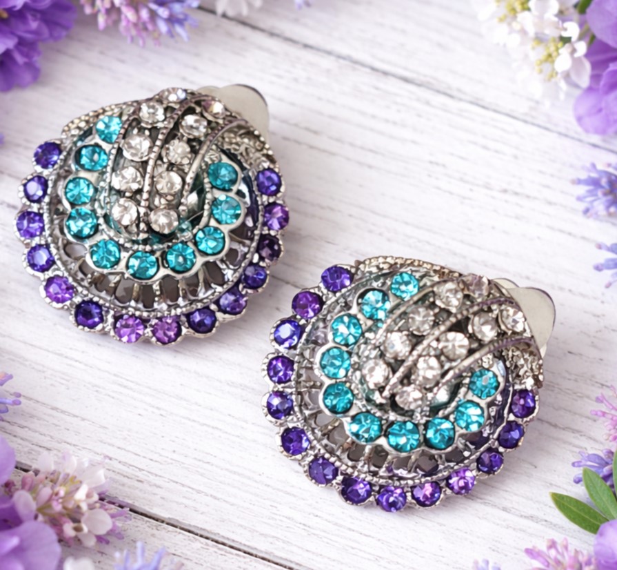 Rhinestone earrings, vintage clip on, blue and purple rhinestones