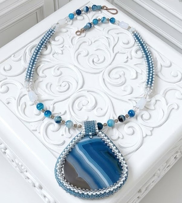 Gemstone necklace, pendant blue agate, with miyuki glass beads