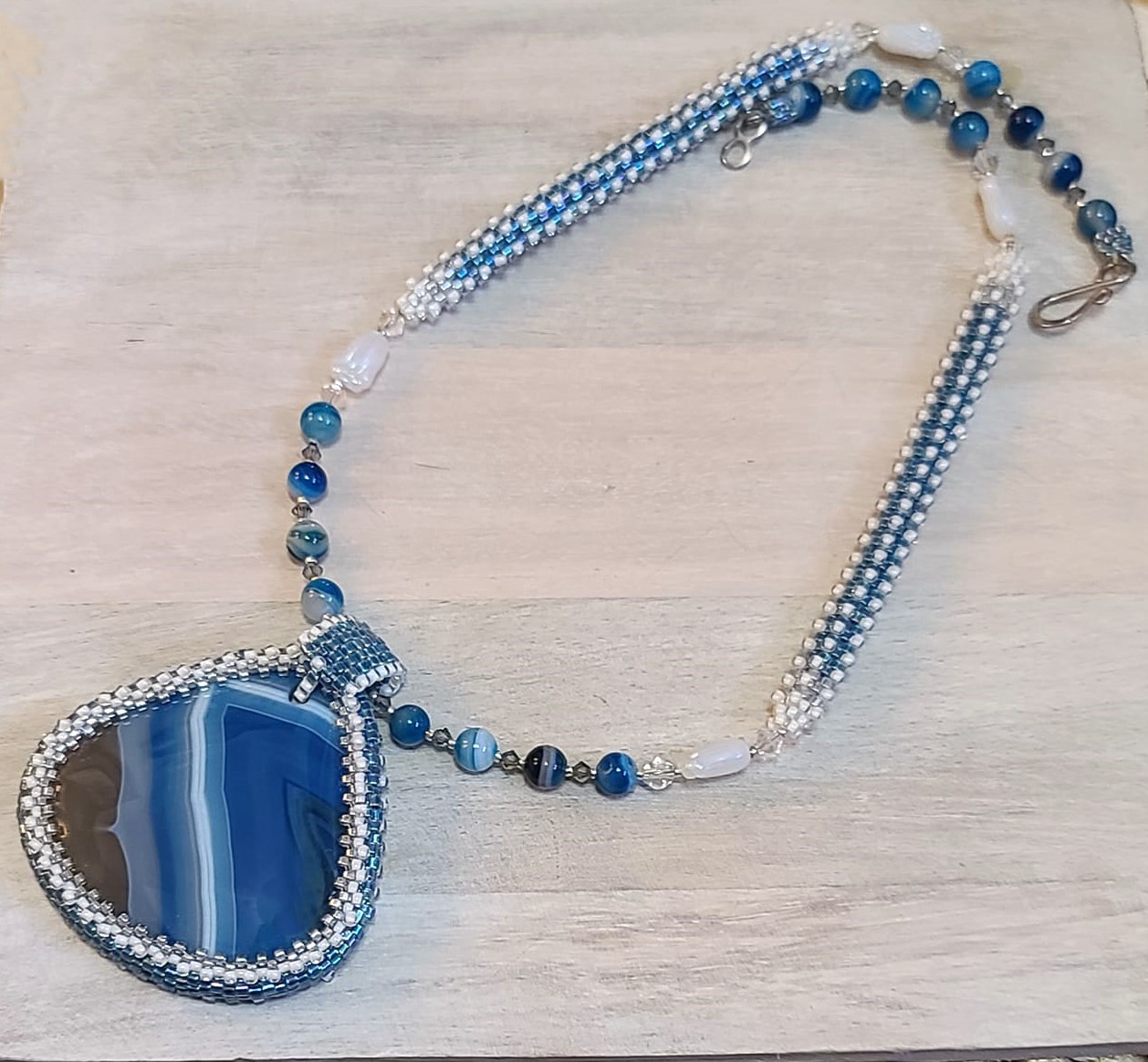 Gemstone necklace, pendant blue agate, with miyuki glass beads