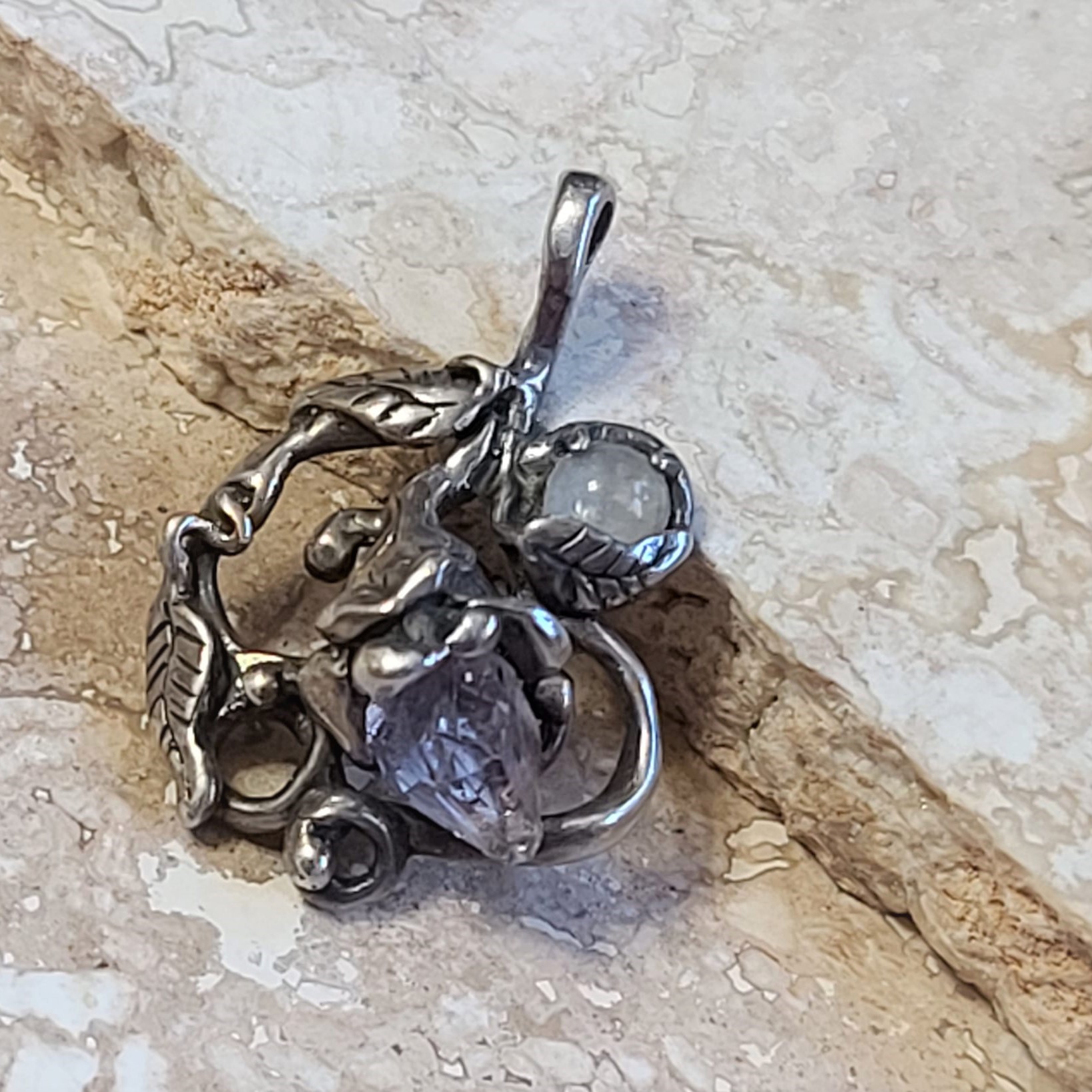 Artist Signed R.B. Sterling Silver Pendant Amethyst & Moonstone