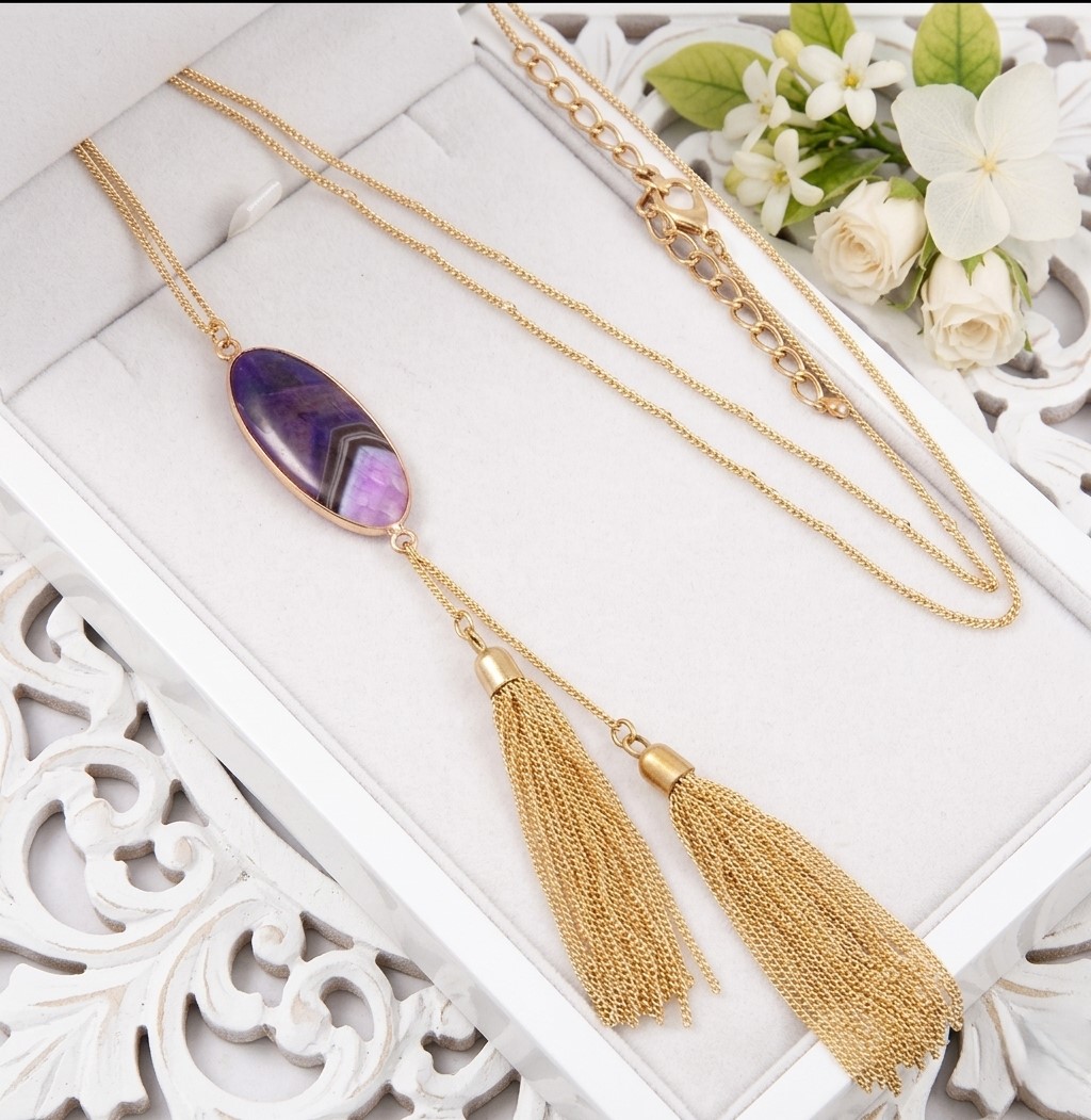 Agate Gemstone Pendant with Tassel Long Necklace (Purple)