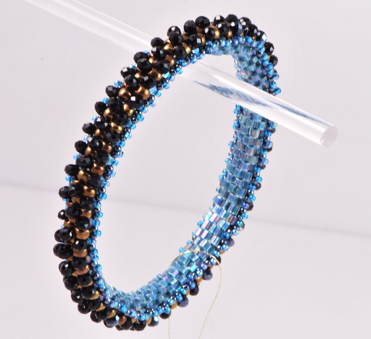 Blue Glass, Bronze and Black Crystal Handmade Bracelet - Click Image to Close