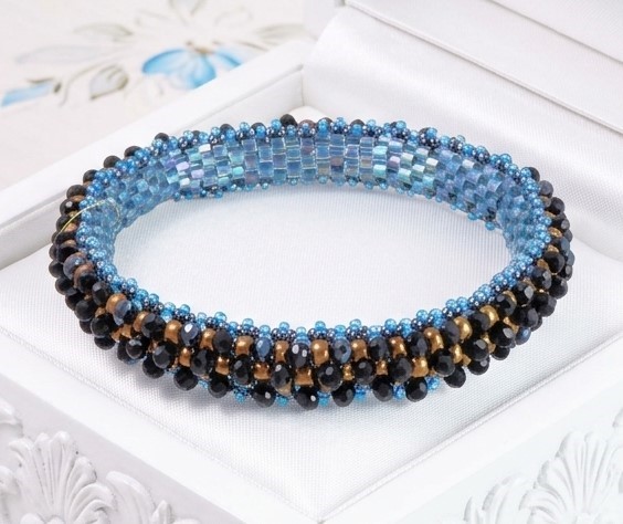 Miyuki Glass Bangle Bracelet with Black Crystal Accents