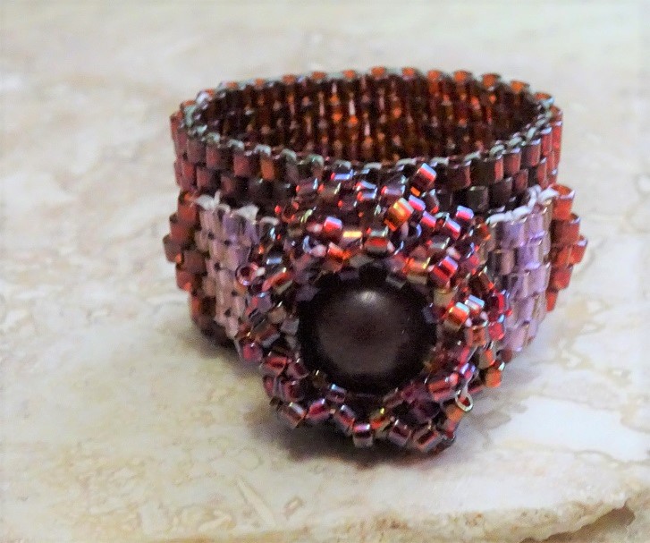 Hand Crafted Center Rose Jade Peyote Stitch Ring