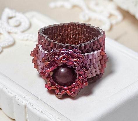 Hand Crafted Center Rose Jade Peyote Stitch Ring