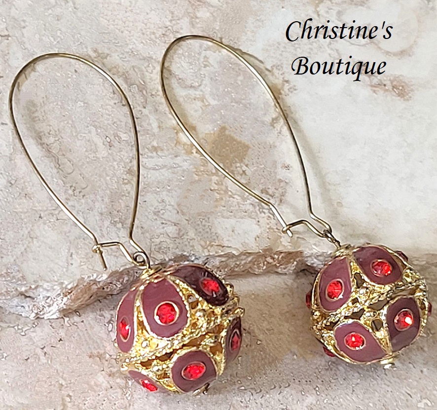 Red enamel earrrings with rhinestones, vintage 80's, pierced earrings - Click Image to Close
