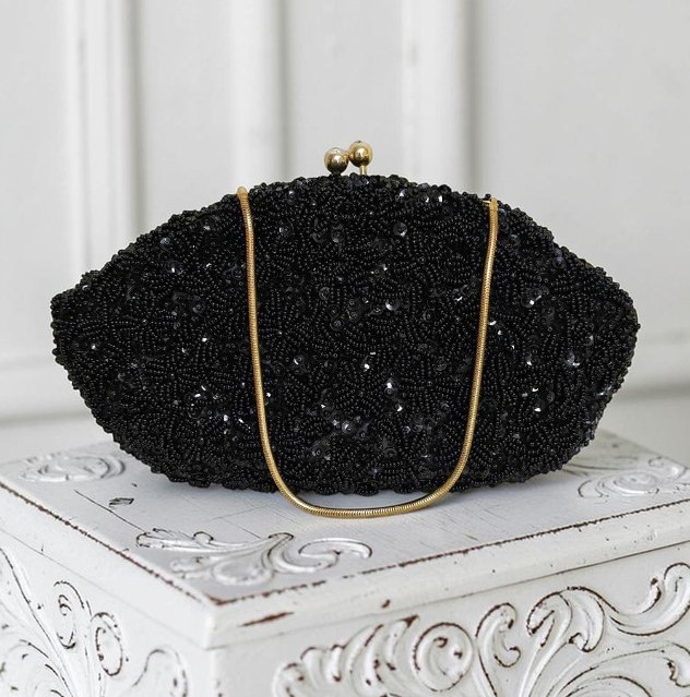 Beaded purse, vintage beaded handbag, black beaded purse, special occasion bag, designer Emson