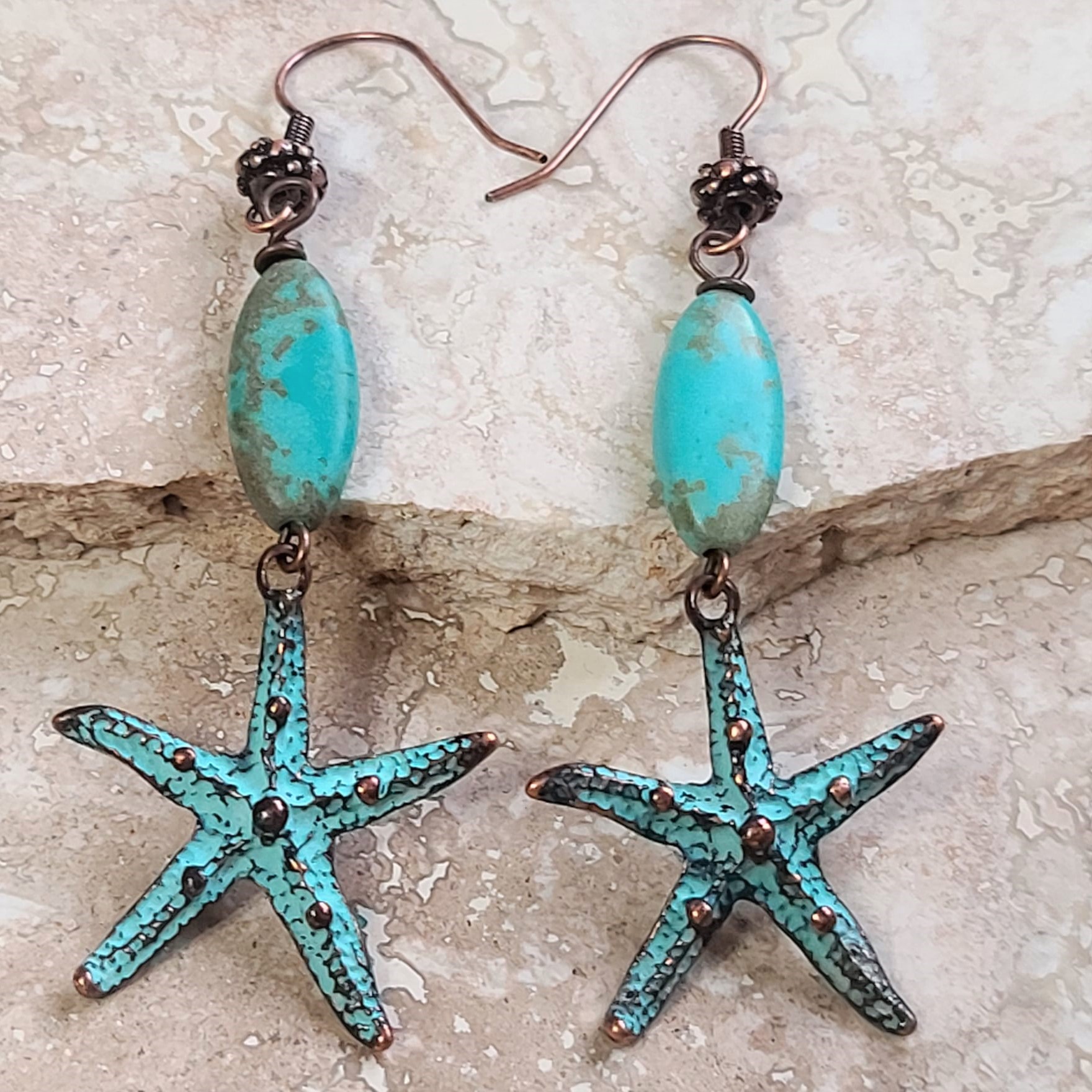 Turquoise Gemstone w/Starfish Copper Earrings - Click Image to Close