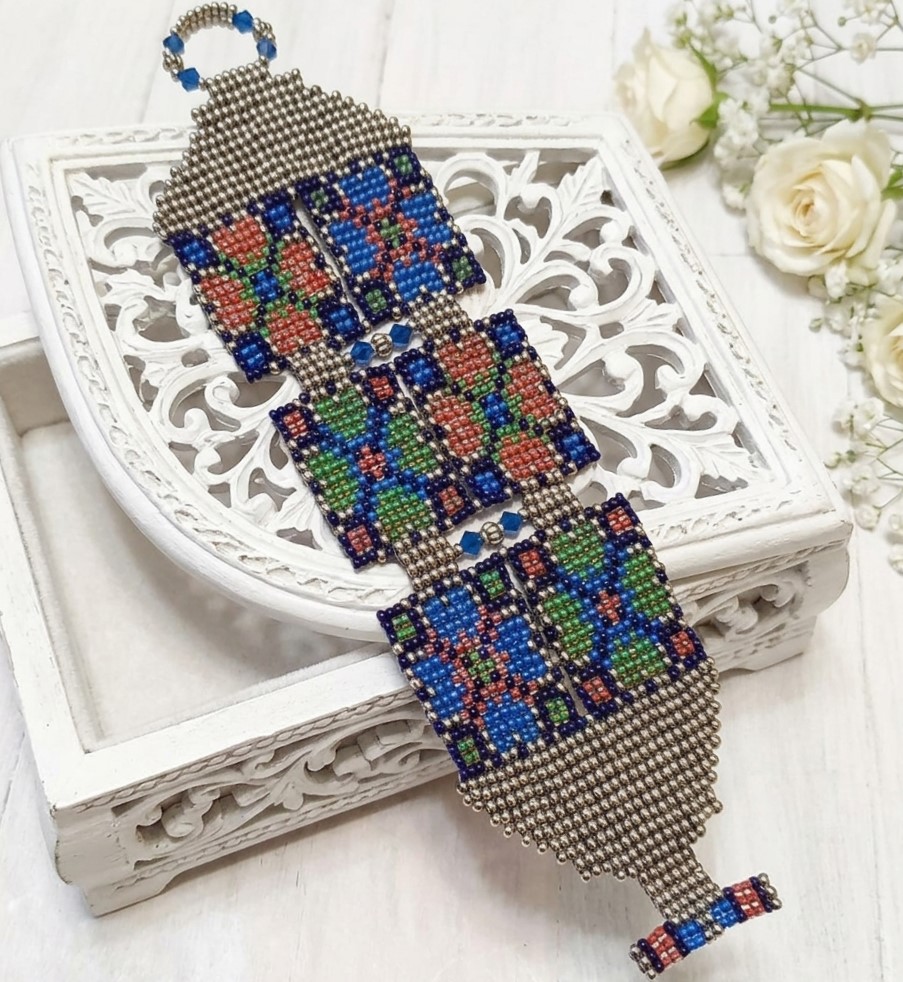 Miyuki Glass Beaded Bracelet Flower Color Block Design with Crystal Accents