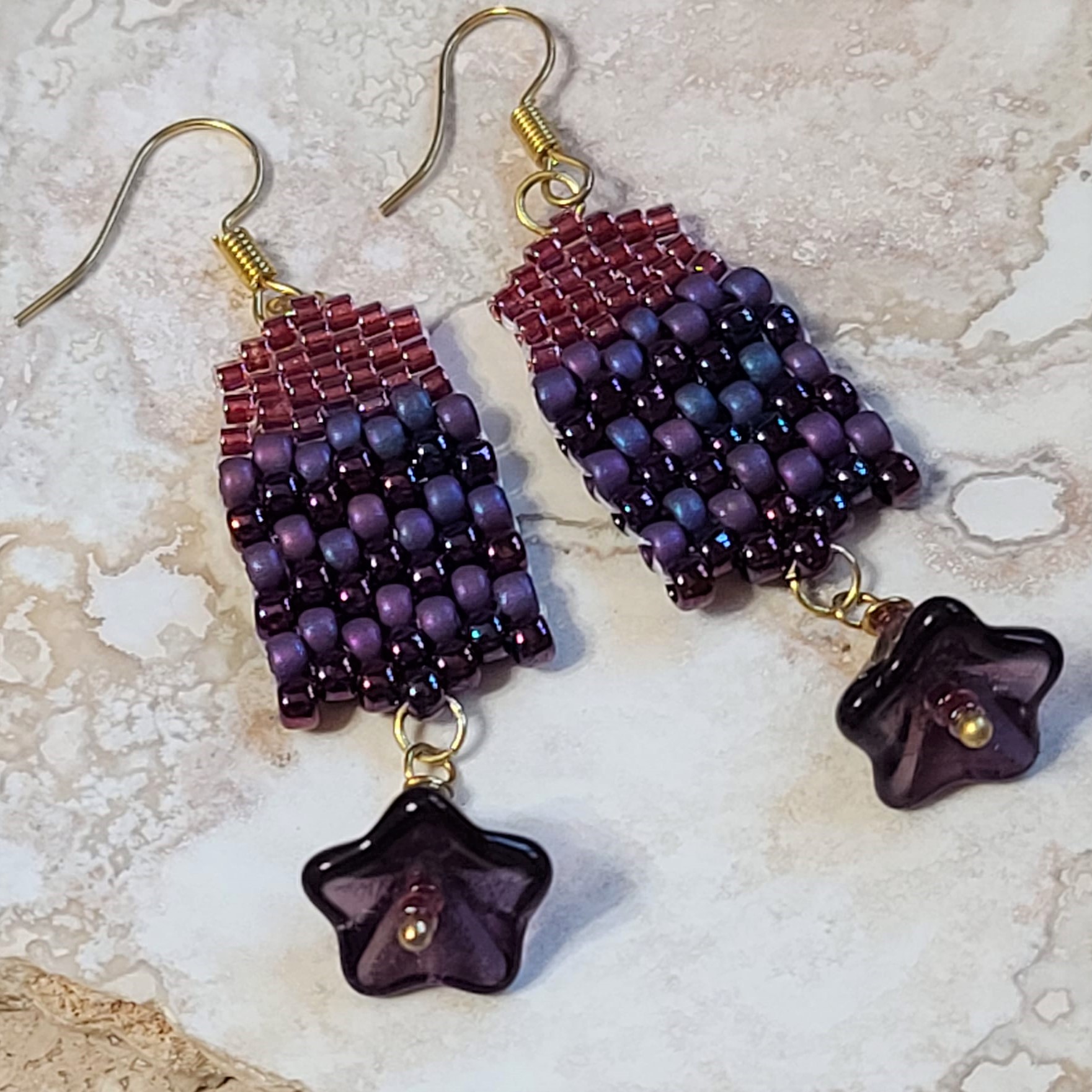Peyote Stitch Beaded Purple and Pink Dangle Earrings