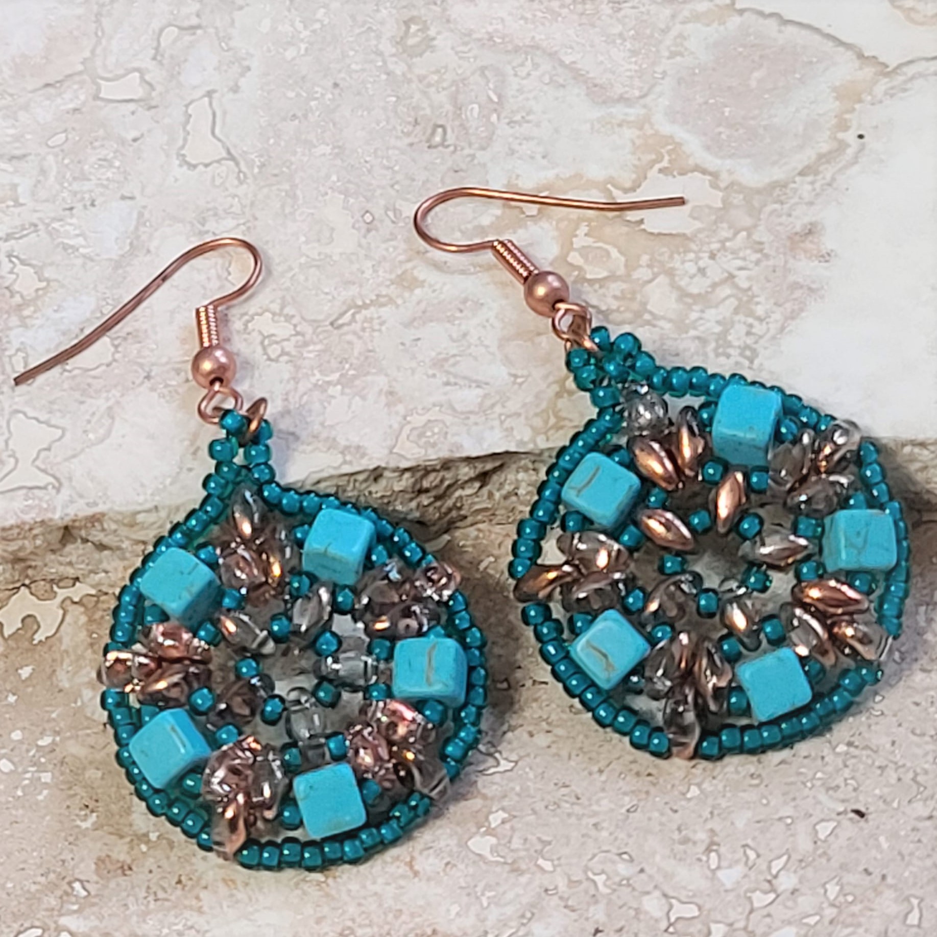 Turquoise Gemstone Medallion Handstitched Earrings - Click Image to Close
