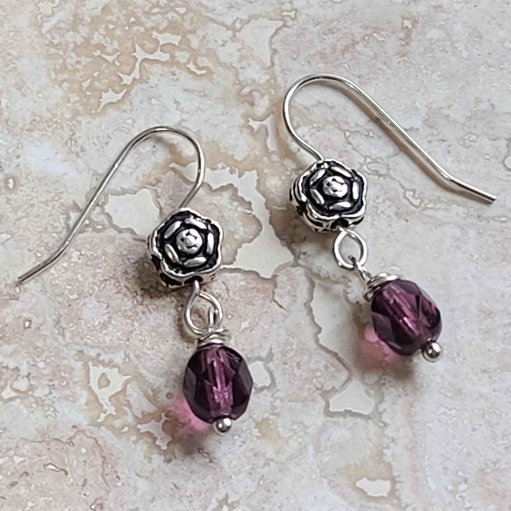 Bali Silver Flower with Amethyst Faceted Crystals Earrings