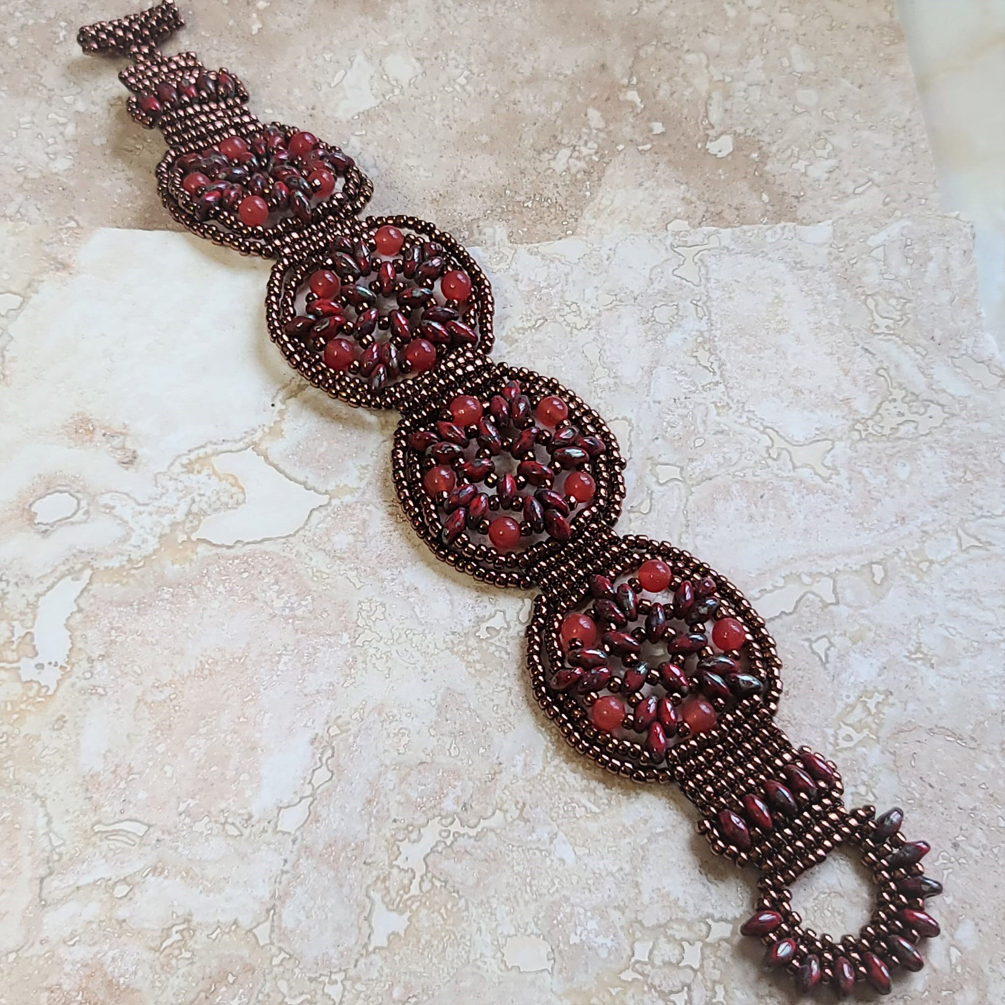 Cherry Red Jade Gemstone Hand Stitched Medallion Bracelet