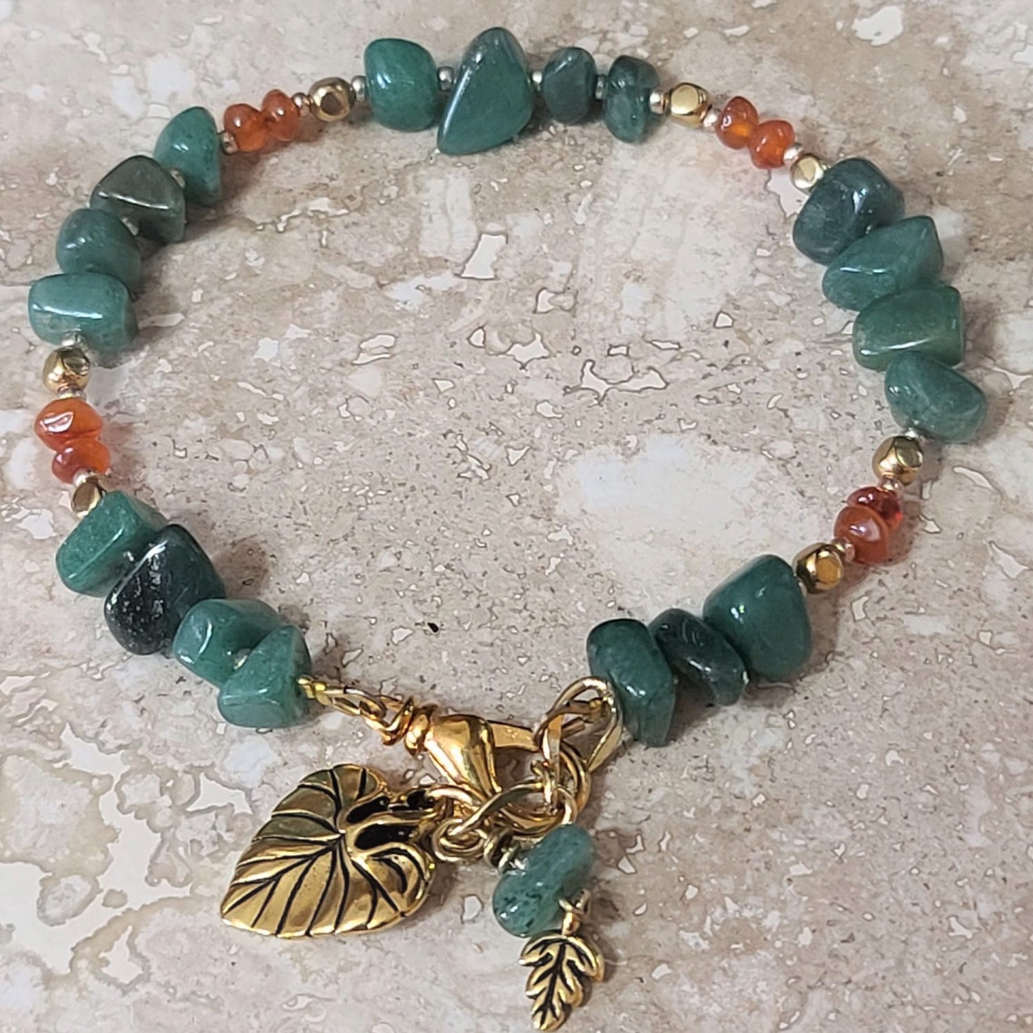 Carnelian & Jade Gemstone Bracelet with leaf charms