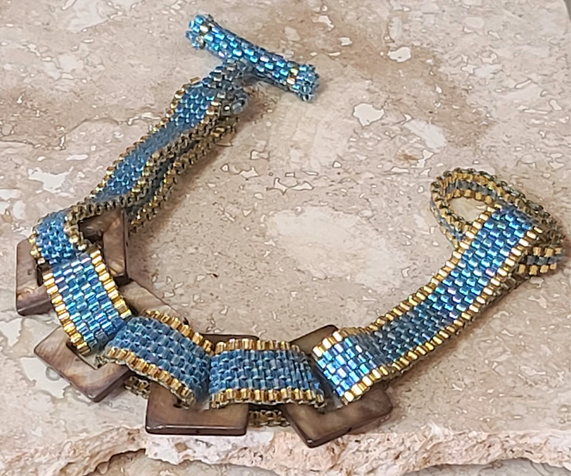 Aqua Blue & Gold with Shell Link Peyote Stitch Bracelet