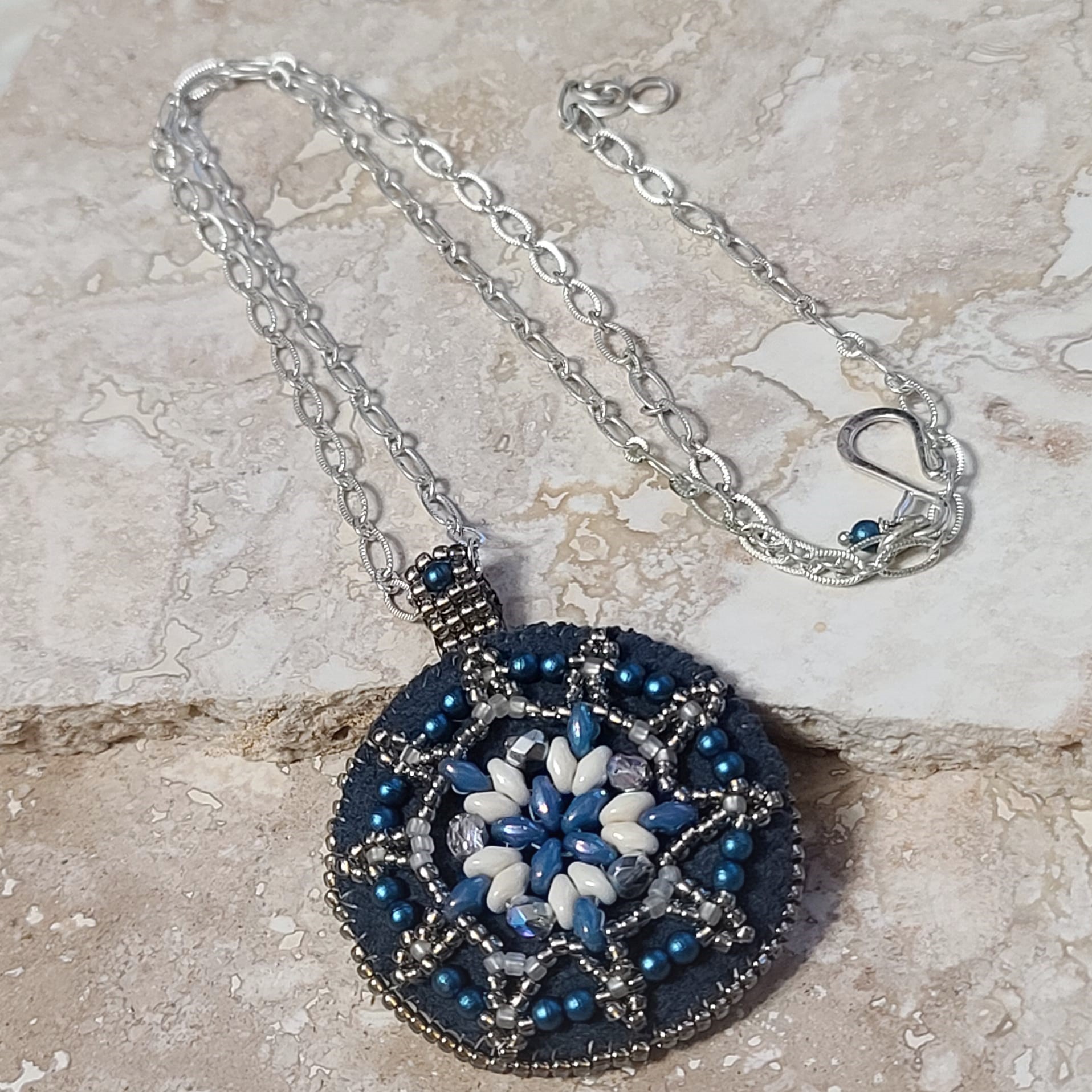 Blue suede bead embroidery medallion pendant necklace