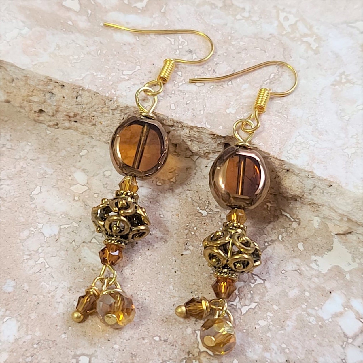 Beaded Amber Glass Dangle Earrings