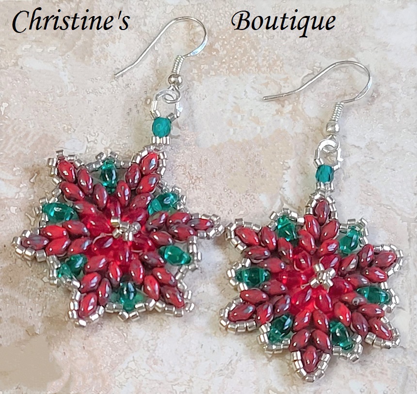 Pointsettia earrings, handcrafted, glass miyuki beads - Click Image to Close