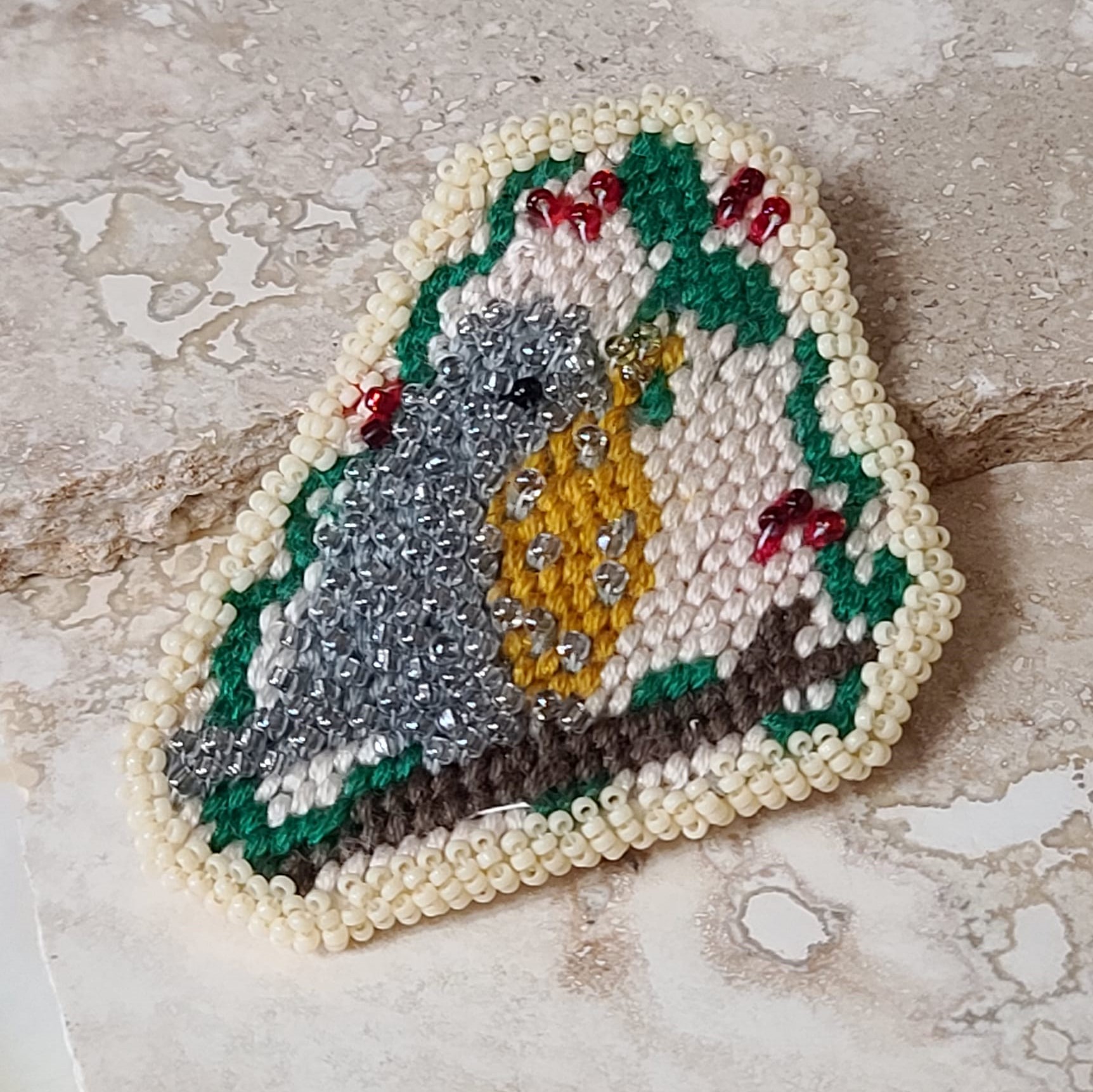 Needlepoint and beaded Bird on a branch Pin Brooch