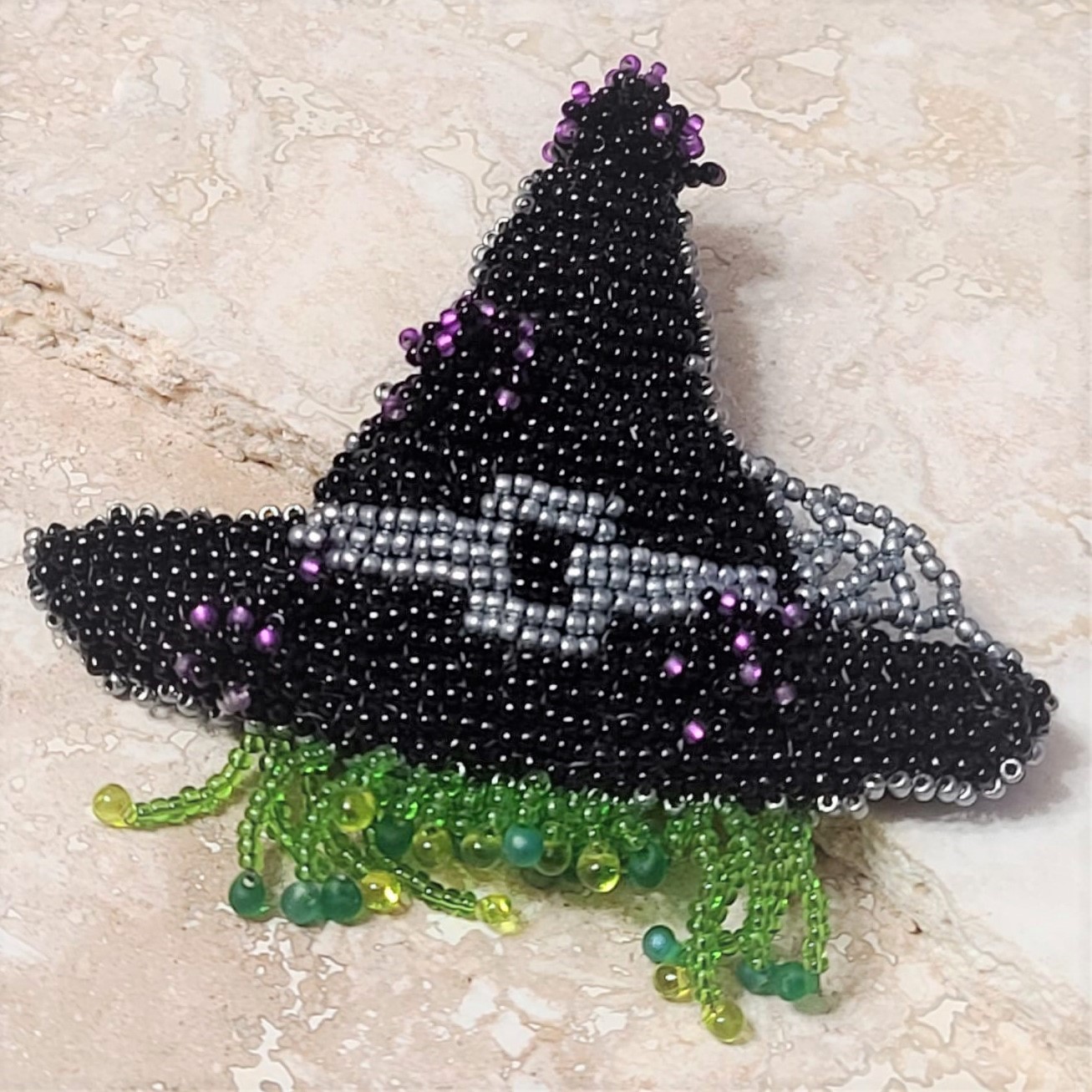 Bead embroidery halloween hat with witch hair brooch